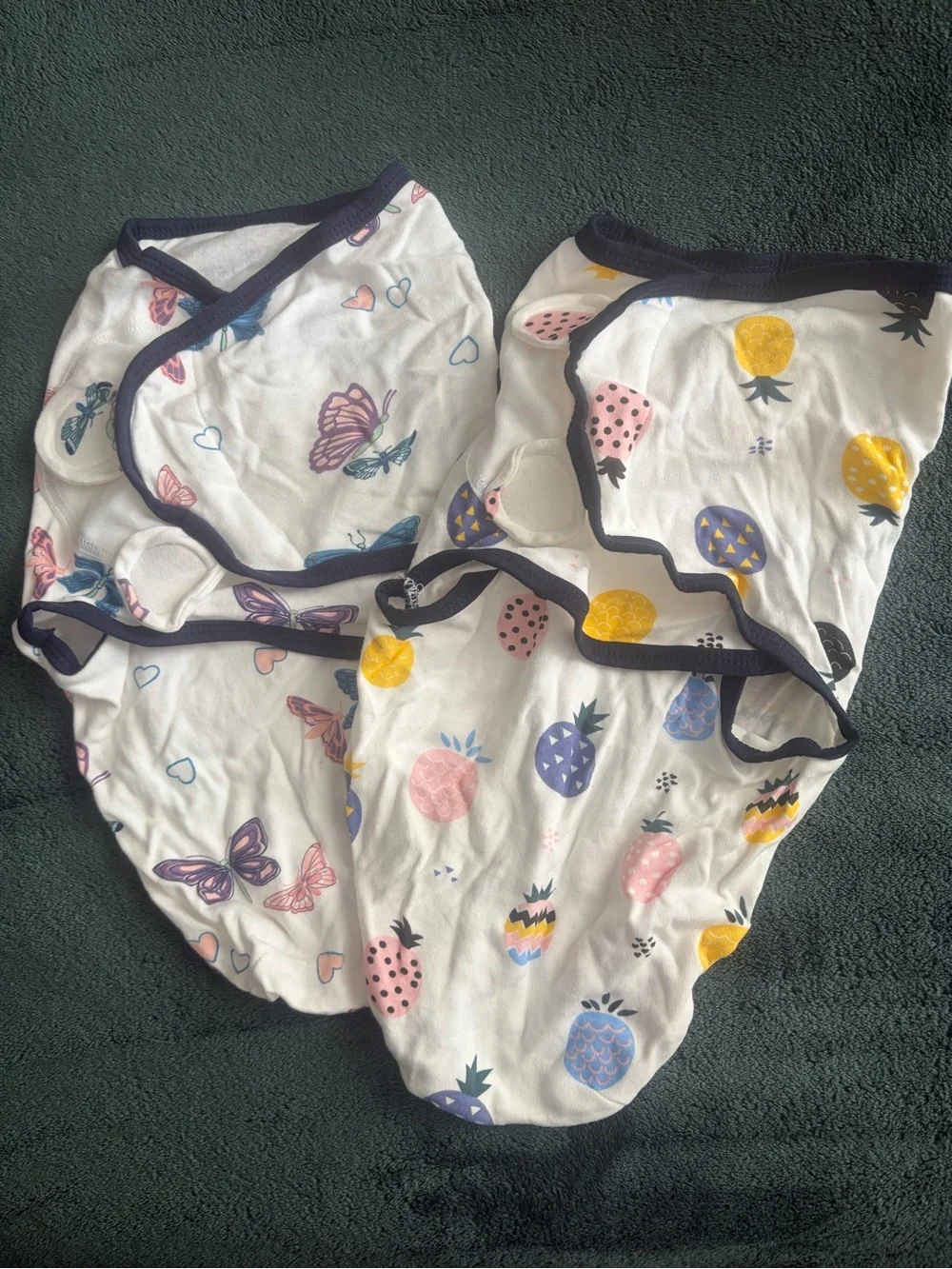 Baby Swaddle Set with Butterflies & Pineapple Prints - White/Navy Trim